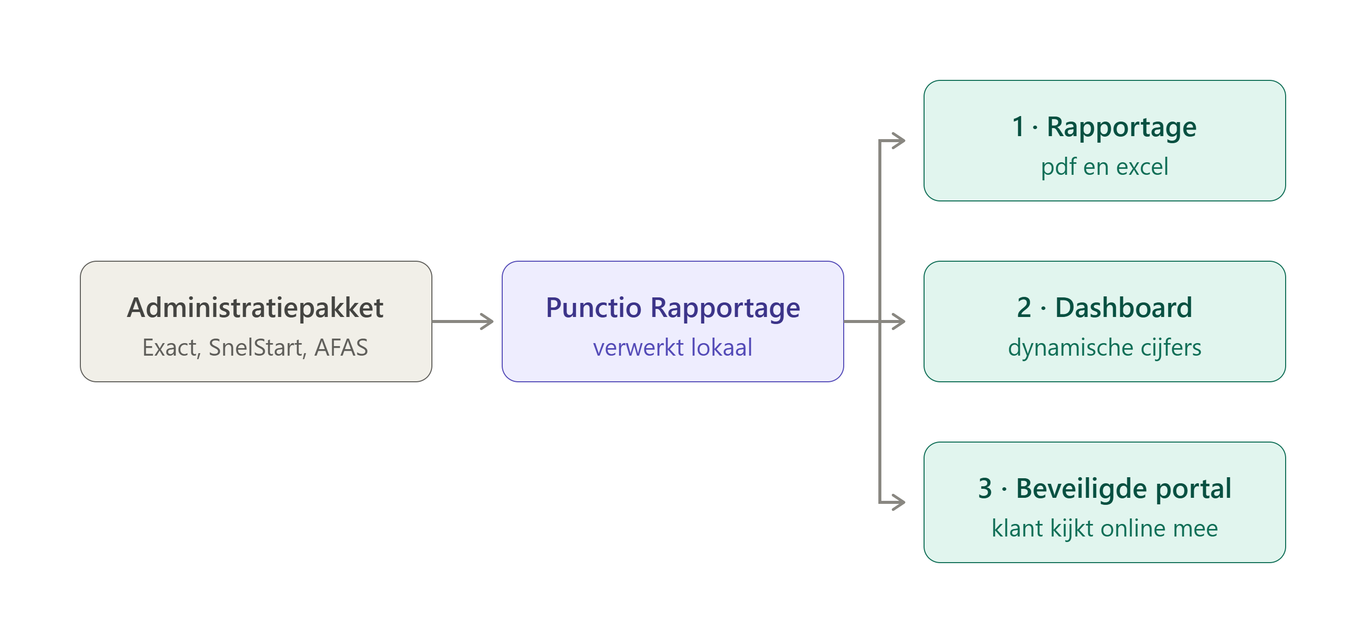 Van administratiepakket (Exact, SnelStart, AFAS) via Punctio Rapportage — verwerkt lokaal — naar 1 rapportage in pdf en Excel, 2 dashboard met dynamische cijfers en 3 een beveiligde portal waar de klant online meekijkt